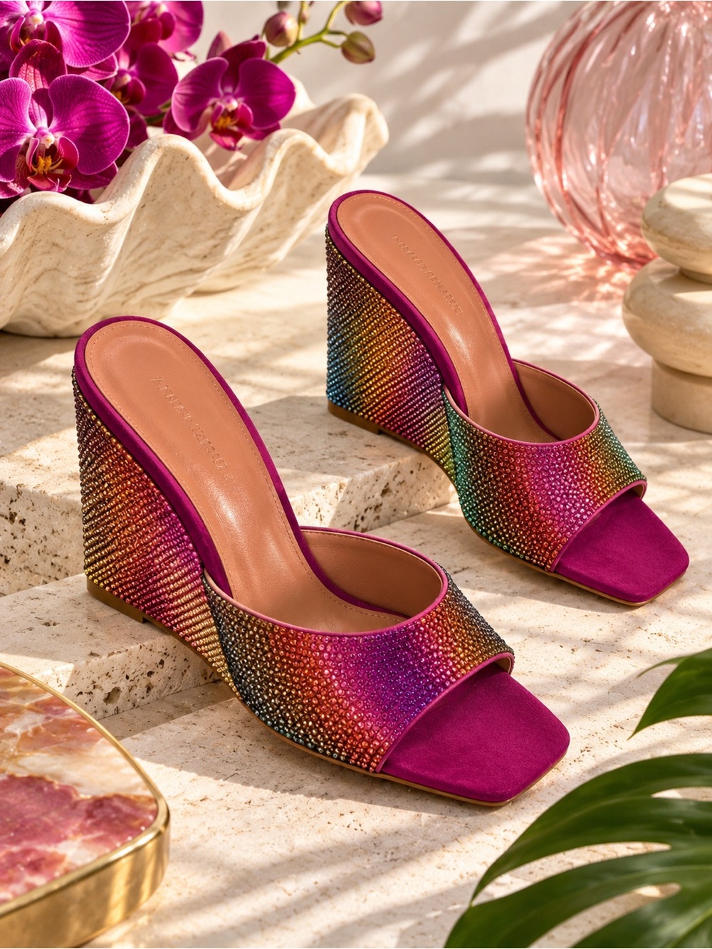 Amina Muaddi Fuchsia Rainbow Embellished Wedge Sandals | Size 6.5